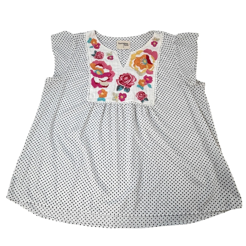 Savanna Jane 3X White Black Polka Dot Floral Embroidered Boho Flutter Sleeve Top
